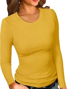T-shirt donna a costine a maniche lunghe girocollo giallo senape, vestibilità slim