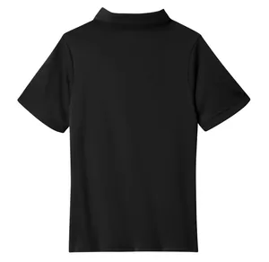 Rear view of a child's black short-sleeved polo shirt featuring a simple plain design