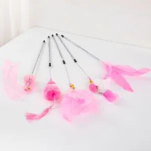 Set of five pink cat teaser wands with feathers, bells and ribbons for active play