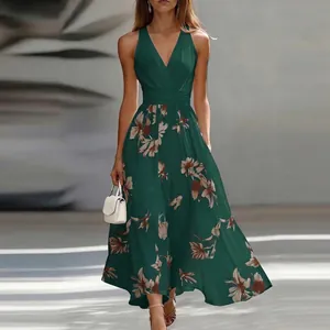 Detail of elegant V-neck sleeveless maxi dress with vintage floral print