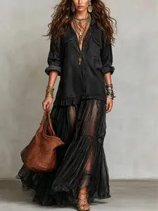 Detail view of vintage lapel faux denim dress combined with a long tiered mesh skirt