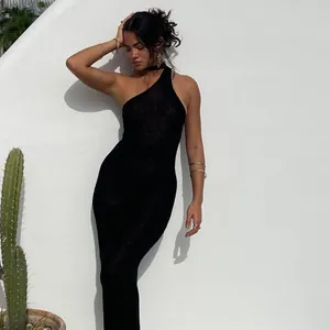 Women Sexy One Shoulder Bodycon Maxi Dress Backless Knit Solid Color Slim Long Dress For Summer Beach Vacation Party