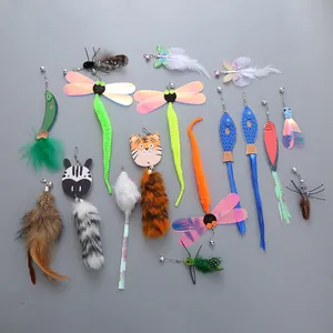 Set of diverse plush insect and animal cat wand replacement heads with bells and clips