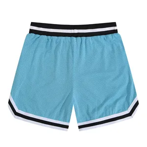 Detailed back view of light blue mesh athletic shorts with black and white striped waistband