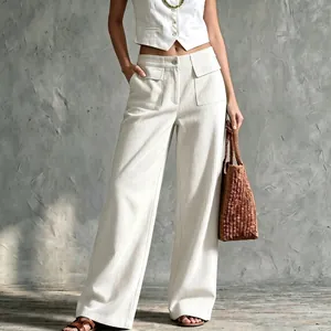 Retro cream white high waisted corduroy wide-leg pants with double pockets
