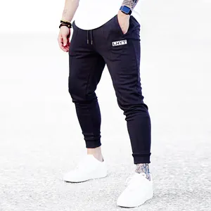 Men's professional black slim fit sports joggers with drawstring waist and logo print