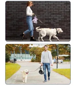 Hands-free dog poop bag holder clip attached to a leash for outdoor walking usage.