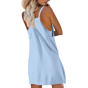 Back view of a light blue sleeveless summer dress featuring thin spaghetti straps and a loose fit.