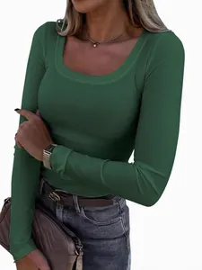Elegant slim fit ribbed long sleeve U-neck T-shirt for women in deep green color