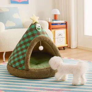 Cozy Christmas tree shaped enclosed pet bed kennel for small dogs and cats in green plaid