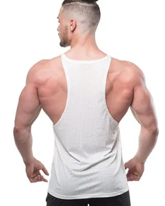 Back view of men's white mesh tank top showing breathable quick-dry fabric texture.