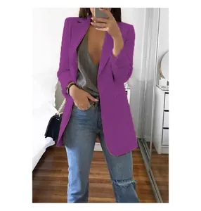 Women's slim fit lapel blazer in vibrant purple, stylish casual open front jacket
