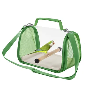 Green portable parrot carrier bag with transparent window and breathable mesh sides