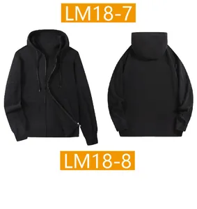 Front and back view of a men's black polar fleece zip-up hoodie with drawstrings