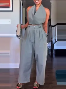 Damen Sommer Polyester Halter Top And Bottom Weites Bein Lange Hose Set Casual Ärmellos Einfarbig Zweiteiler Outfits Mit Taschen