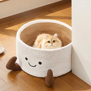 Cozy semi-enclosed cup-shaped cat bed and scratcher with a cute smiley face design