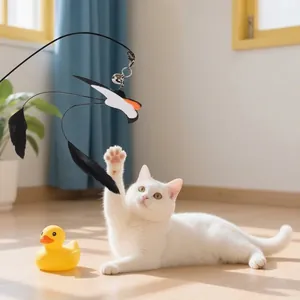 Interactive cat wand with swallow feather toy and bell for indoor feline exercise