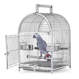 Détail d'une cage à perroquet en acier inoxydable 304 avec porte ouverte et perchoirs