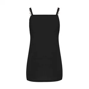 Full front view of a minimalist black sleeveless tank top with elegant thin shoulder straps