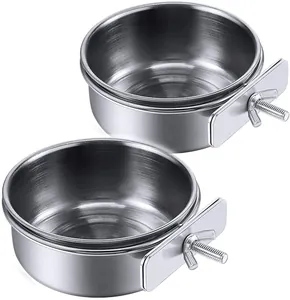 High quality set of two stainless steel bird feeder bowls with adjustable mounting brackets.