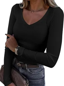 Elegant black slim fit ribbed knit long sleeve V-neck shirt for women casual wear