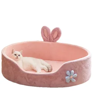Cama de felpa rosa para mascotas con orejas de conejo para gatos y perros