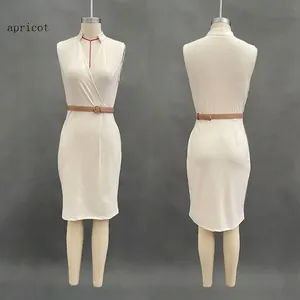 Front and back view of elegant apricot sleeveless V-neck dress with brown waist belt.