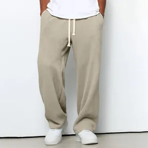 Pantalon de jogging beige gaufré pour hommes, coupe large avec cordon de serrage