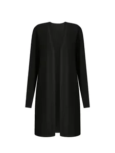 Front view of a minimalist women's long-sleeved solid black open-front cardigan for autumn