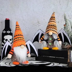 Halloween Gnome Plush Knitted Faceless Doll With Bat Wings Spider Ornament Orange Purple Striped Hat Festive Party Decor Gift