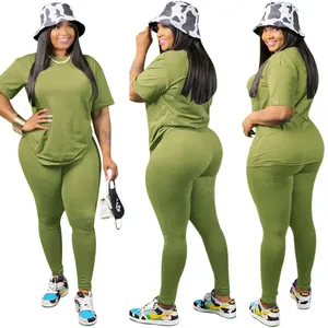 Three-view detail showing front, side, and back of women's olive green two-piece set