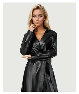 Elegant black long faux leather trench coat featuring a chic robe-style tie-belt.