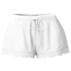 Short décontracté d'été blanc pour femme avec bordure en dentelle et cordon de serrage