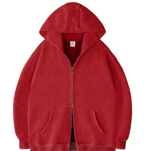 Vintage rode zware oversized hoodie met dubbele rits voor zowel dames als heren unisex