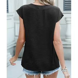 Back view of elegant women's black cap-sleeve blouse with textured fabric