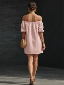 Detailed back view of light pink cotton linen off-shoulder elegant loose summer dress