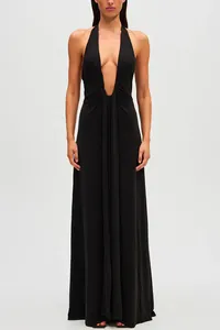 Elegant black plunging V-neck sleeveless maxi dress for evening parties and social events