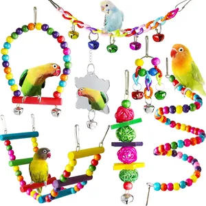 Assorted parrot toy set featuring colorful wood bead swings, ladders and bells for birds