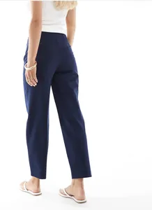 Back view of elegant navy high-waisted straight-leg trousers for women