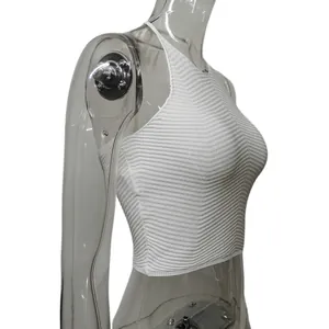 Detailed side view of white knitted halter crop top with ribbed texture on transparent mannequin
