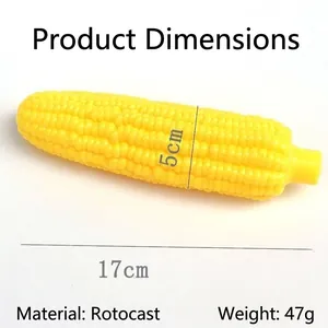 Detailed product size diagram of a yellow simulation corn squeaky toy for pet dogs
