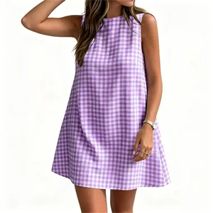 Detailed view of women's purple and white gingham sleeveless round neck casual dress