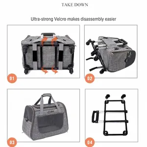 Detachable pet trolley carrier bag with wheels in grey heather fabric