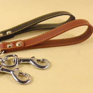 Durable leather dog leash with heavy-duty metal swivel hook and contrast stitching