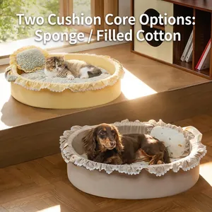 Cozy round pet bed with decorative lace trim and soft pillow for cats and small dogs
