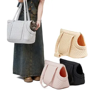 Quilted pet carrier bag for cats, lightweight cotton shoulder travel bag in multiple colors