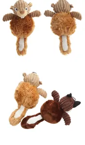 Detailed view of corduroy and plush fabric textures on squirrel and fox squeaky dog toys