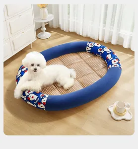 Close-up view of a summer cooling pet bed with woven mat surface and duck patterns