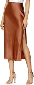 Elegant high waist satin midi skirt with side slit for women in brown color