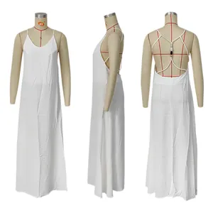 Detailed multi-angle views of a white backless spaghetti strap maxi dress on a mannequin